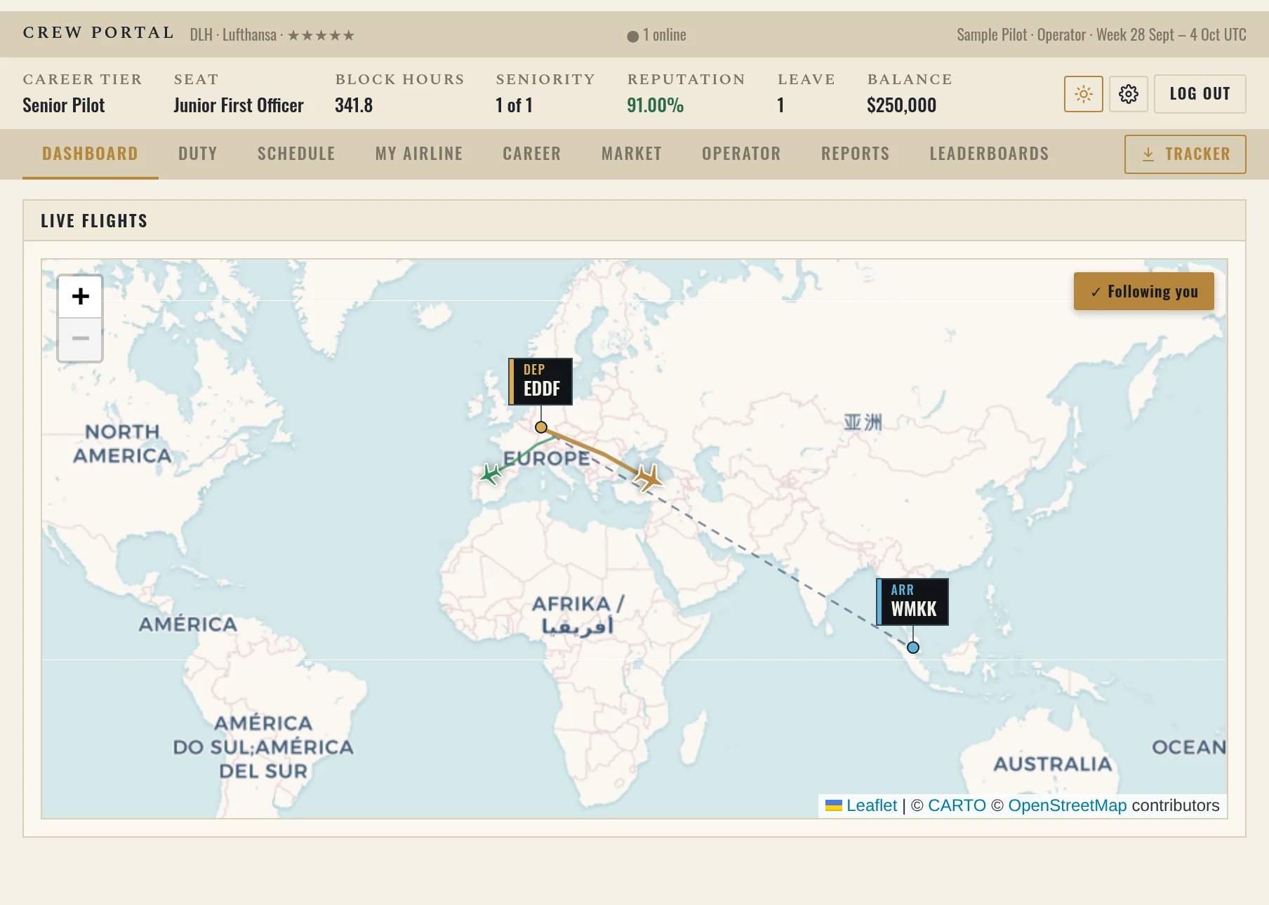 Selected flight with departure and arrival pins